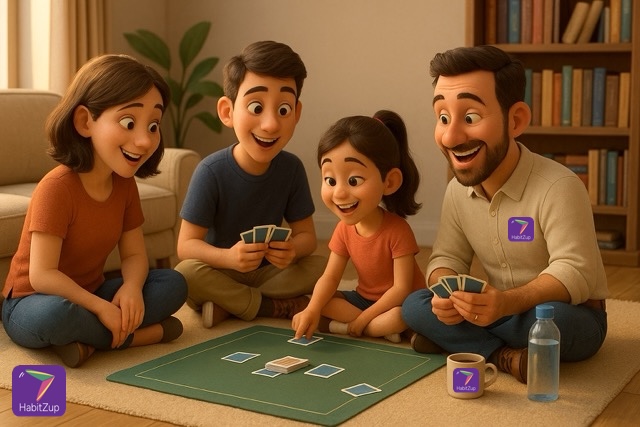 A family playing the HabitZup card game together.