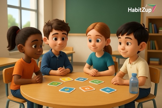 Children engaged in playing the HabitZup card game.