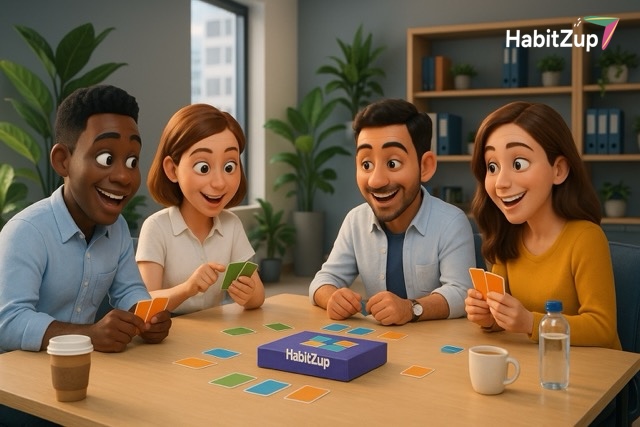 Colleagues using the HabitZup card game for a positive workplace activity.